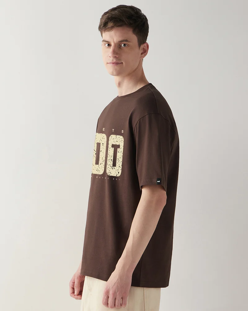 bewakoof Men's Chocolate Brown Just Do It Typography Oversized T-shirt